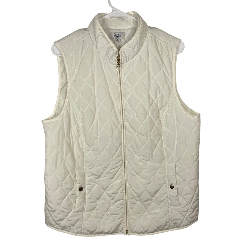 Croft & Barrow Quilted Vest Womens Large Ivory Full Zip Puffer‎ Lightweight